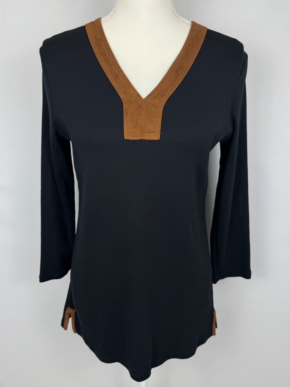 Lauren Ralph Lauren Black 3/4 Sleeve V-Neck Tunic Brown Faux Suede Trim Medium